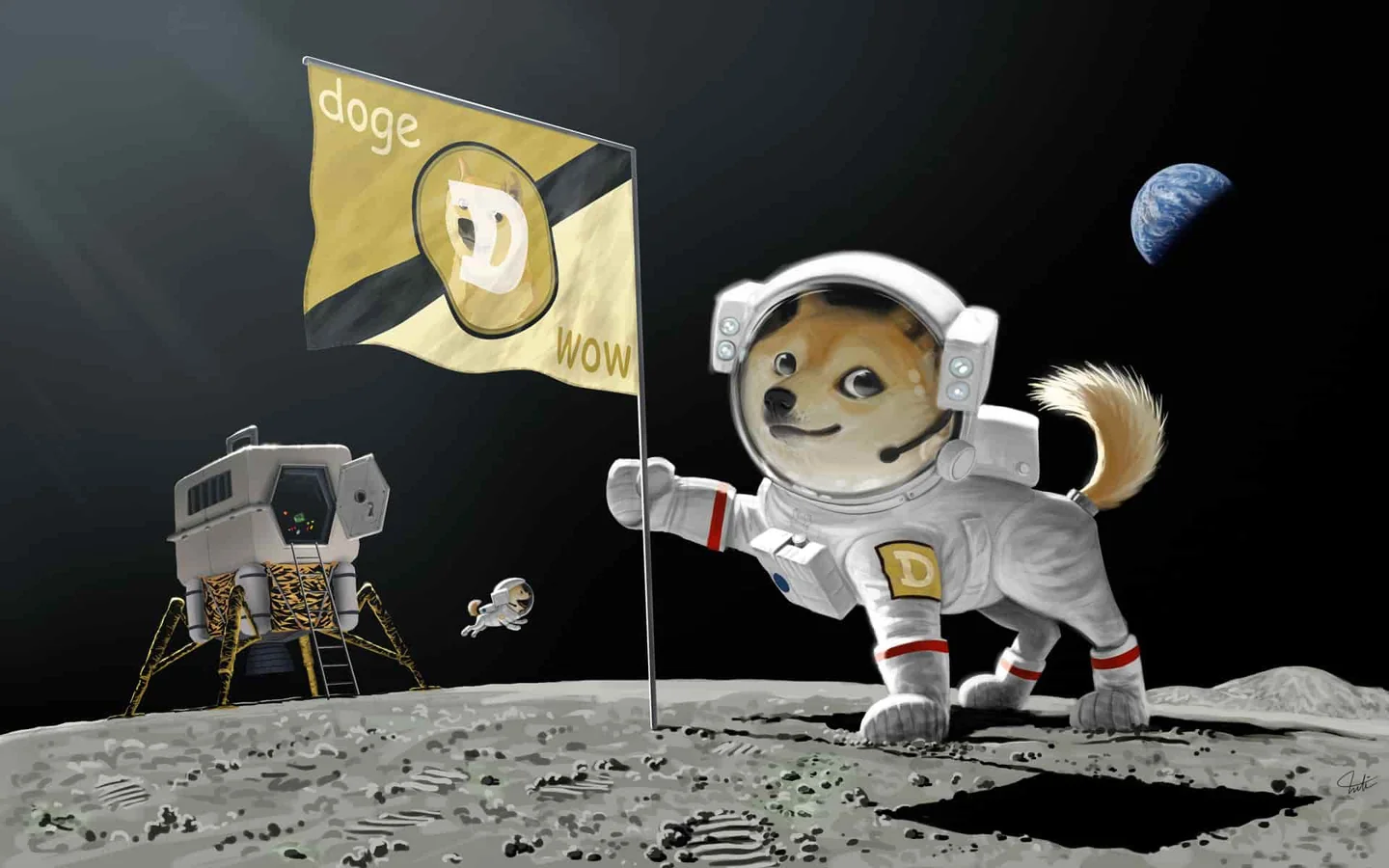 Doge in a spacesuit planting a Dogecoin flag on the Moon